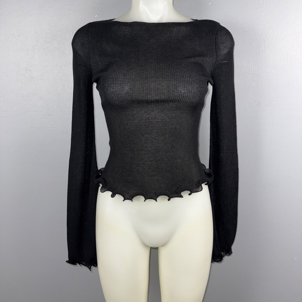 Lovers and Friends Clea Top Small Black Semi-Sheer Ribbed Jersey Lettuce Trim